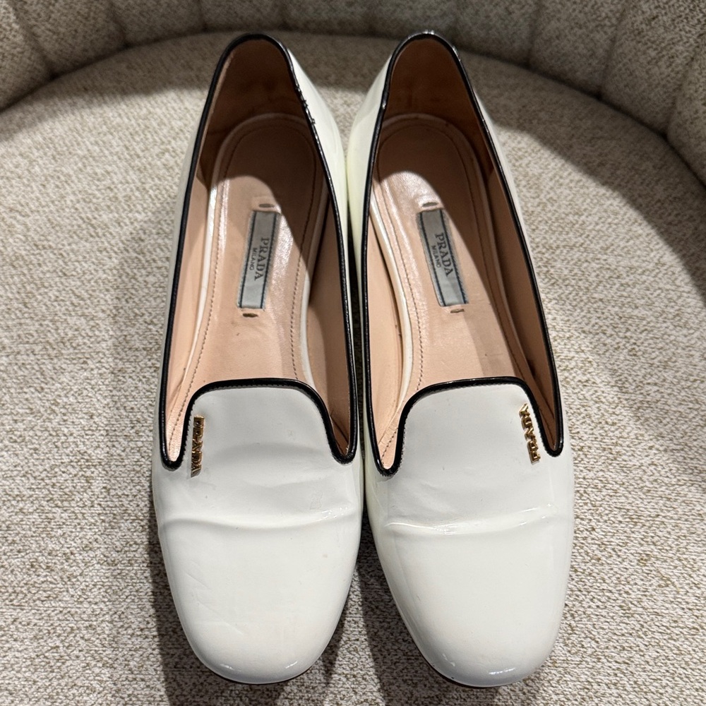 Prada Patent White and Black Women's Loafers